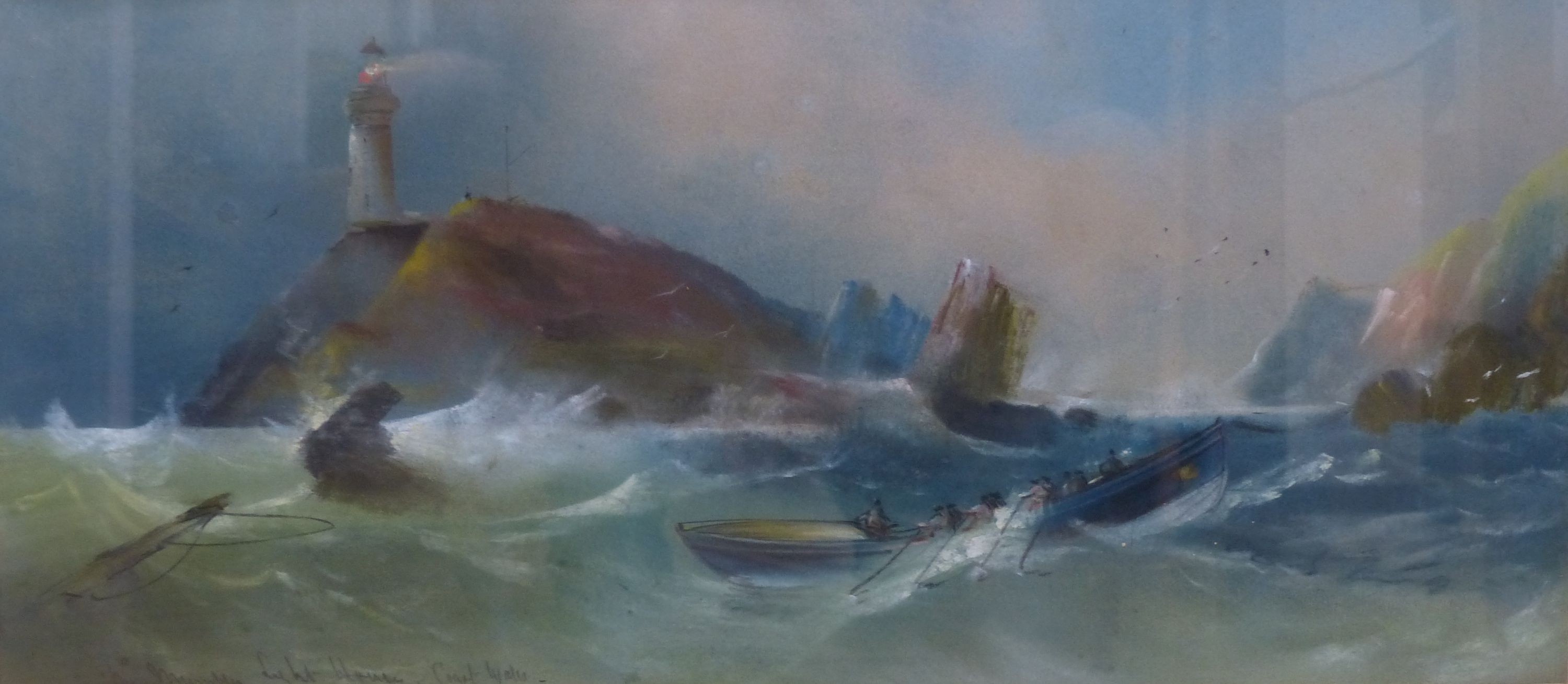 English School c.1900, pastel, 'The Mumbles Lighthouse ...', 25 x 56cm